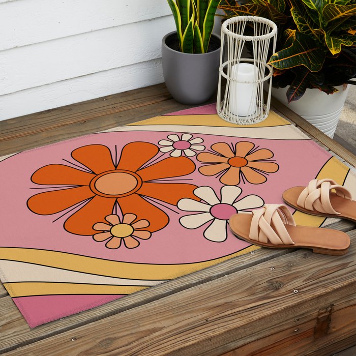 Groovy Floral Daydream Retro 60s 70s Flowers Pink Orange Yellow Outdoor Rug Gallery Image 2