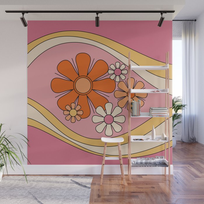 Groovy Floral Daydream Retro 60s 70s Flowers Pink Orange Yellow Wall Mural Gallery Image 1