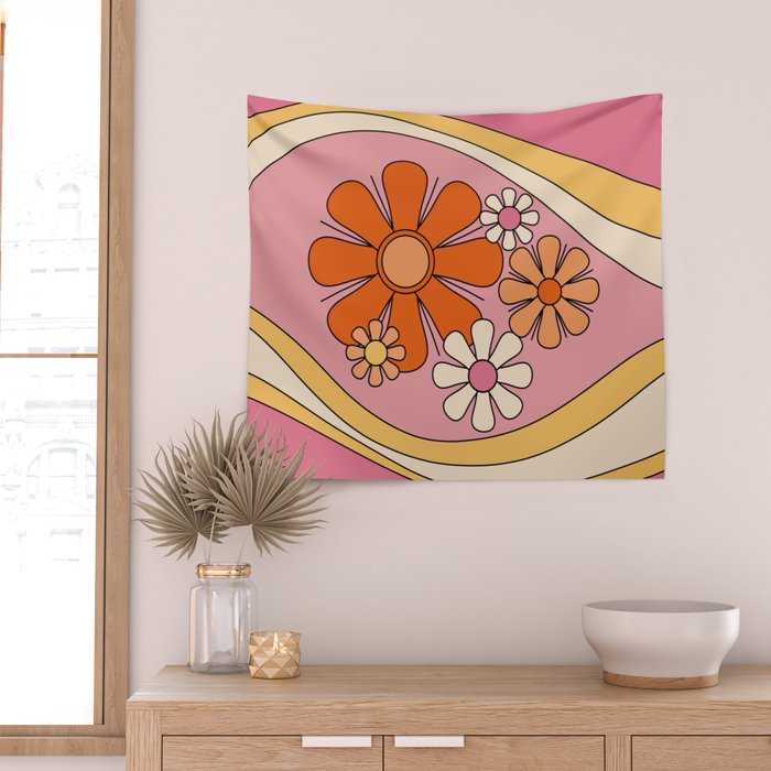 Groovy Floral Daydream Retro 60s 70s Flowers Pink Orange Yellow Wall Tapestry Gallery Image 2