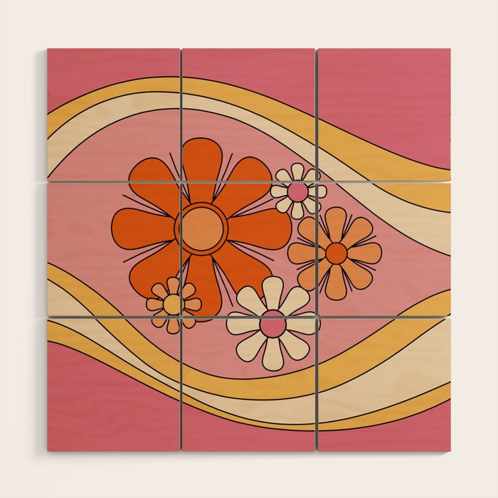 Groovy Floral Daydream Retro 60s 70s Flowers Pink Orange Yellow Wood Wall Art Gallery Image 1