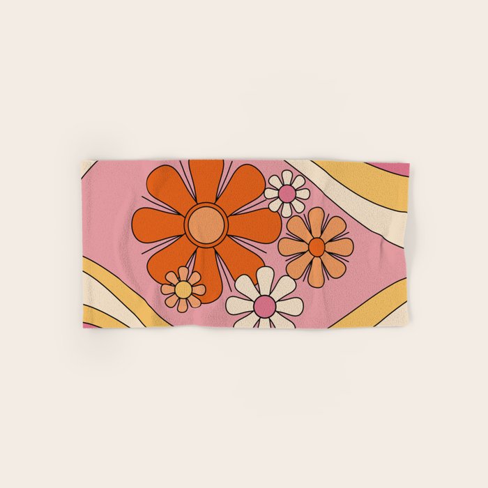 Groovy Floral Daydream Retro 60s 70s Flowers Pink Orange Yellow Bath Towel Gallery Image 1
