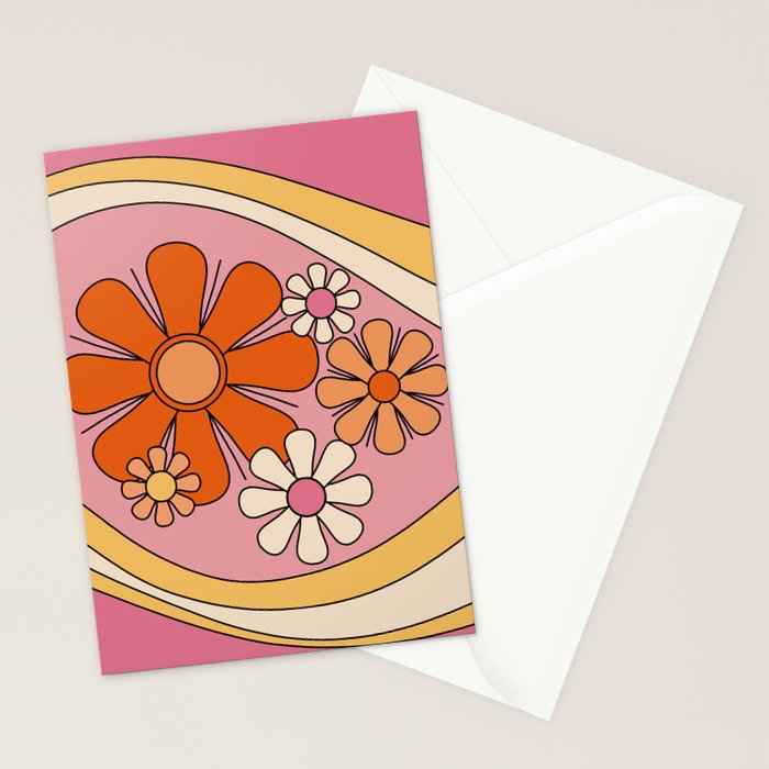 Groovy Floral Daydream Retro 60s 70s Flowers Pink Orange Yellow Stationery Card Gallery Image 2