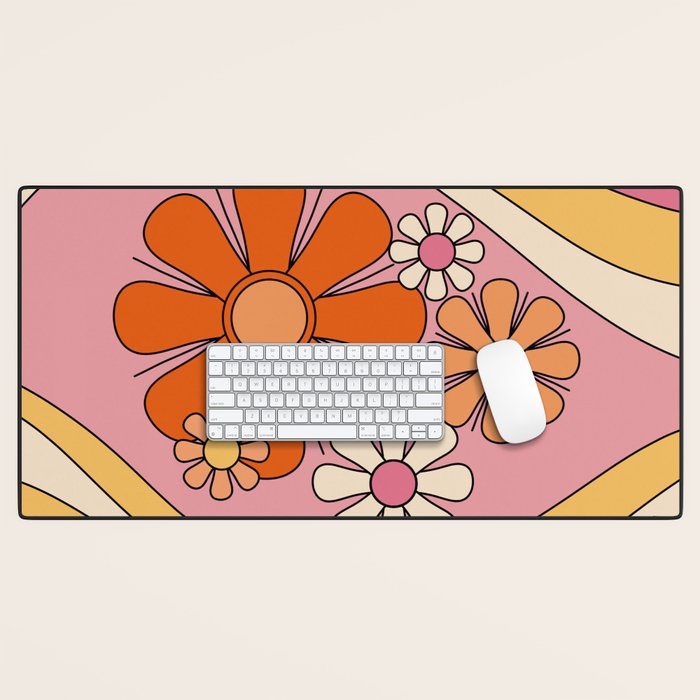 Groovy Floral Daydream Retro 60s 70s Flowers Pink Orange Yellow Desk Mat Gallery Image 1