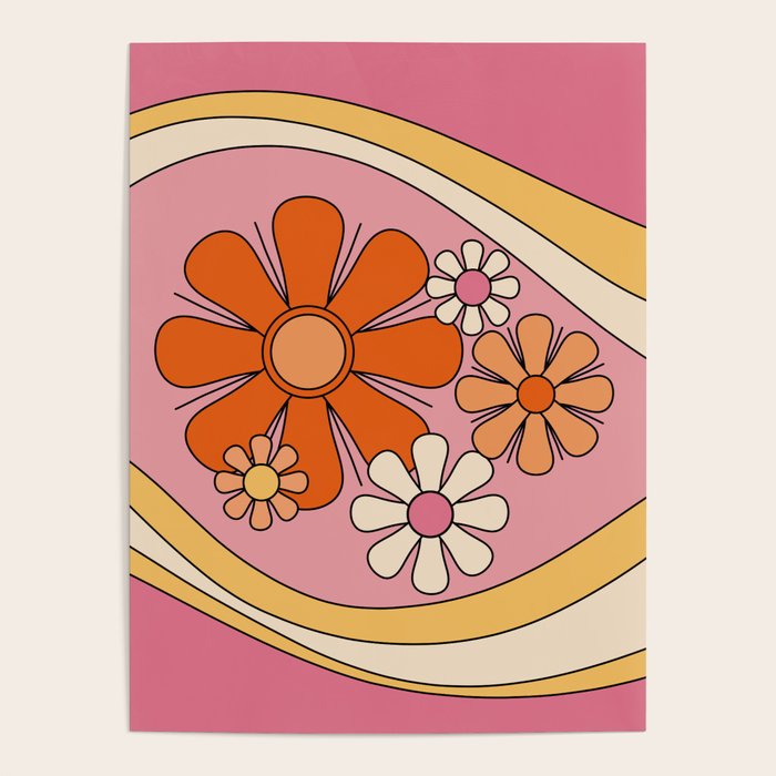 Groovy Floral Daydream Retro 60s 70s Flowers Pink Orange Yellow Poster Gallery Image 1