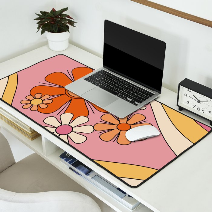 Groovy Floral Daydream Retro 60s 70s Flowers Pink Orange Yellow Desk Mat Gallery Image 2