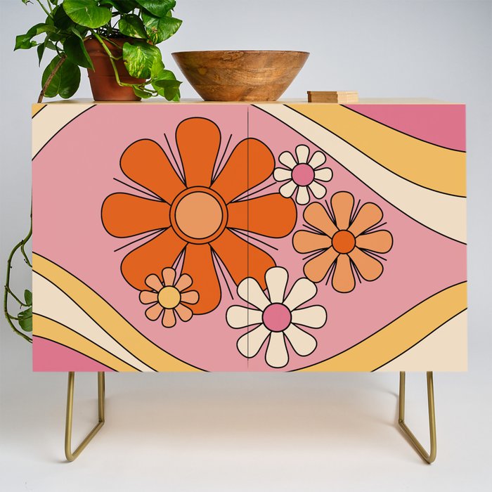 Groovy Floral Daydream Retro 60s 70s Flowers Pink Orange Yellow Credenza Gallery Image 1