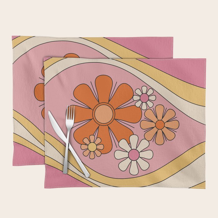 Groovy Floral Daydream Retro 60s 70s Flowers Pink Orange Yellow Placemat Gallery Image 1