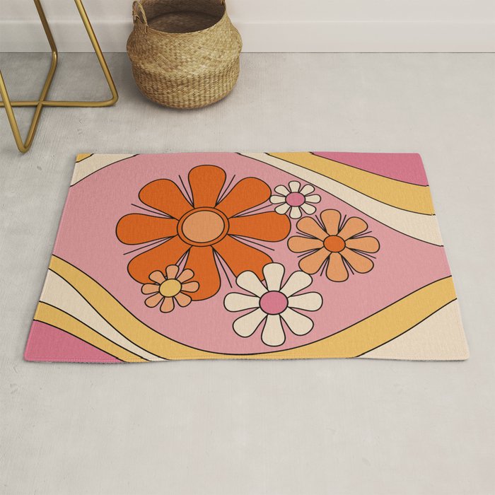 Groovy Floral Daydream Retro 60s 70s Flowers Pink Orange Yellow Rug Gallery Image 1