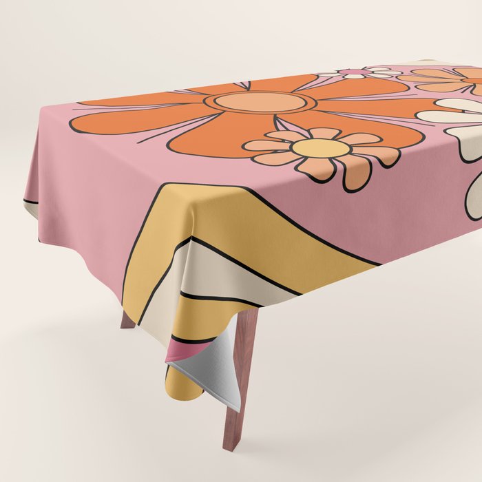 Groovy Floral Daydream Retro 60s 70s Flowers Pink Orange Yellow Tablecloth Gallery Image 1