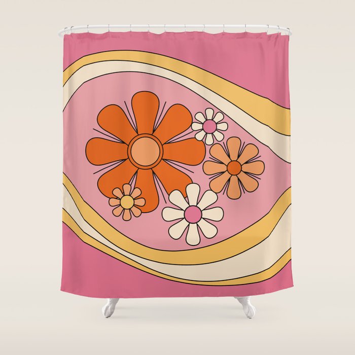 Groovy Floral Daydream Retro 60s 70s Flowers Pink Orange Yellow Shower Curtain Gallery Image 1