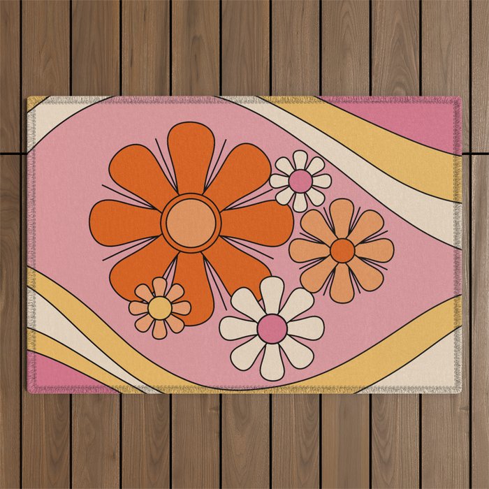Groovy Floral Daydream Retro 60s 70s Flowers Pink Orange Yellow Outdoor Rug Gallery Image 1