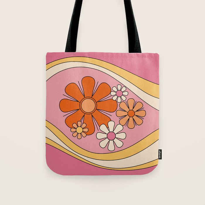 Groovy Floral Daydream Retro 60s 70s Flowers Pink Orange Yellow Tote Bag Gallery Image 1