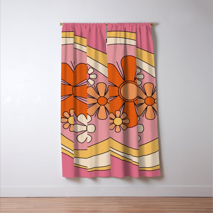 Groovy Floral Daydream Retro 60s 70s Flowers Pink Orange Yellow Window Curtain Gallery Image 3