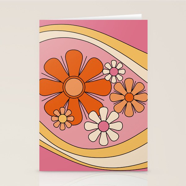Groovy Floral Daydream Retro 60s 70s Flowers Pink Orange Yellow Stationery Card Gallery Image 1
