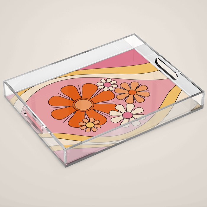 Groovy Floral Daydream Retro 60s 70s Flowers Pink Orange Yellow Acrylic Tray Gallery Image 1