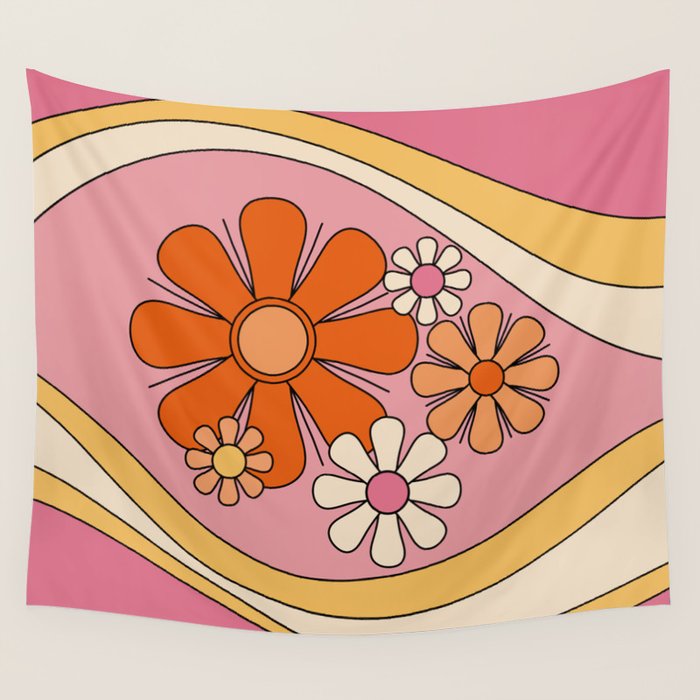 Groovy Floral Daydream Retro 60s 70s Flowers Pink Orange Yellow Wall Tapestry Gallery Image 1