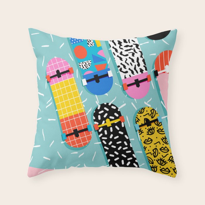 Omigod - 80s retro memphis skateboards pattern sports trendy 1980's vintage style retro Throw Pillow Gallery Image 1