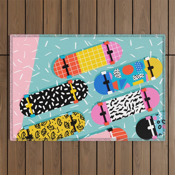 Omigod - 80s retro memphis skateboards pattern sports trendy 1980's vintage style retro Outdoor Rug Gallery Image 1