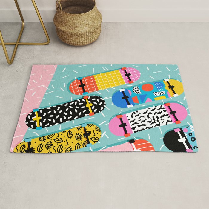 Omigod - 80s retro memphis skateboards pattern sports trendy 1980's vintage style retro Rug Gallery Image 1
