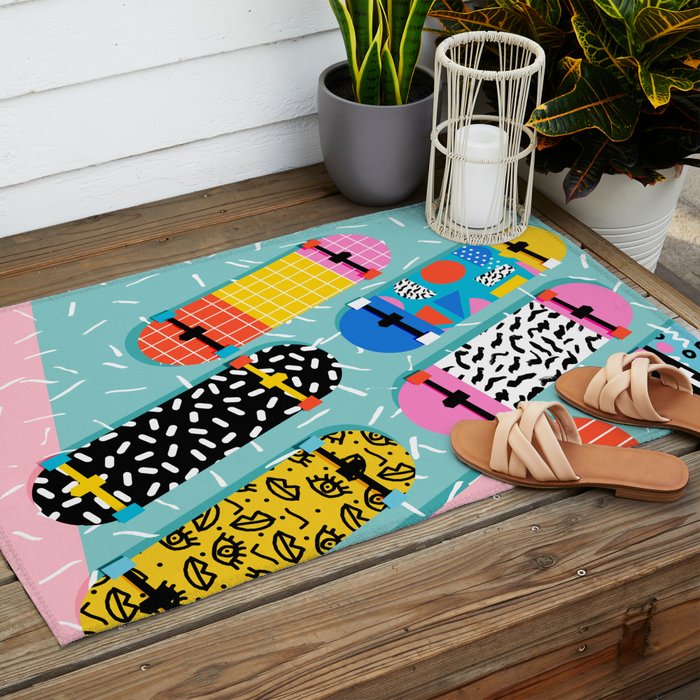 Omigod - 80s retro memphis skateboards pattern sports trendy 1980's vintage style retro Outdoor Rug Gallery Image 2