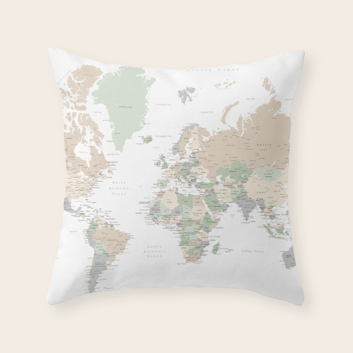 World map with cities, "Anouk" Throw Pillow Gallery Image 1