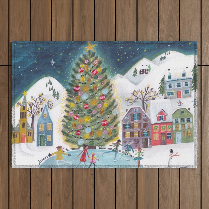 Skating retro winter snow landscape Outdoor Rug Gallery Image 1