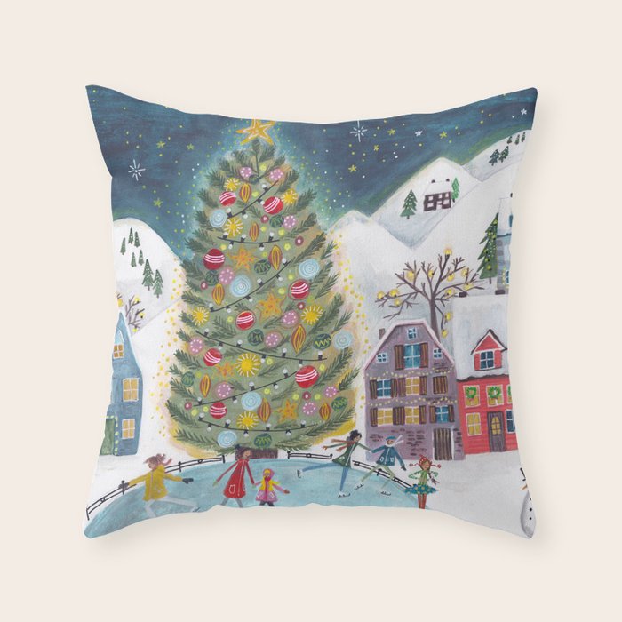 Skating retro winter snow landscape Throw Pillow Gallery Image 6