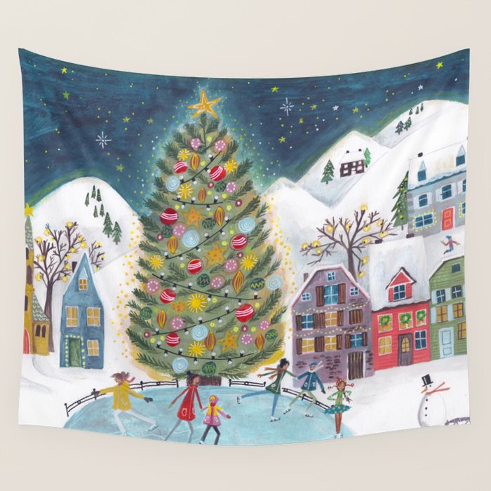 Skating retro winter snow landscape Wall Tapestry Gallery Image 1