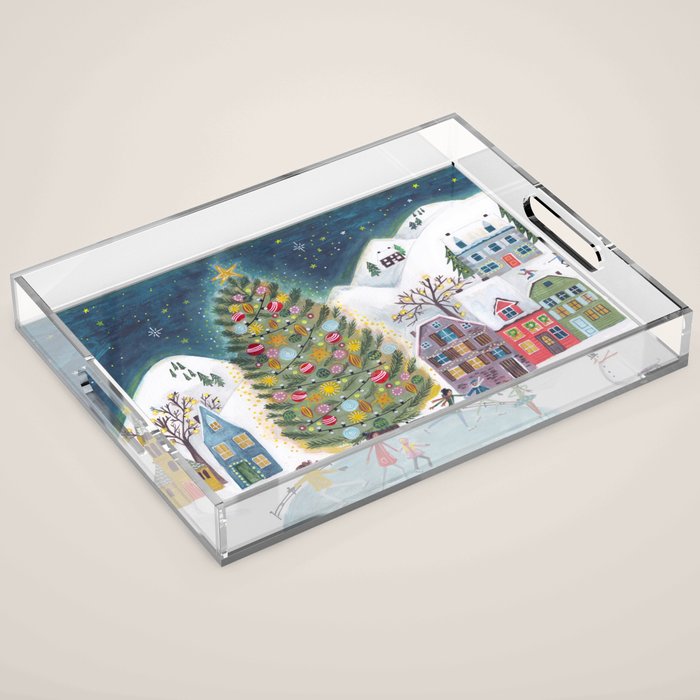 Skating retro winter snow landscape Acrylic Tray Gallery Image 1