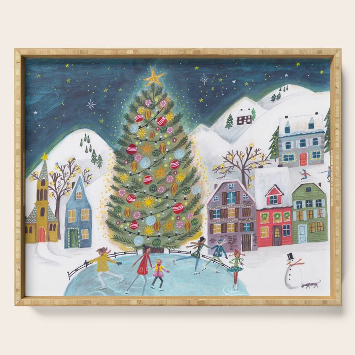 Skating retro winter snow landscape Serving Tray Gallery Image 1