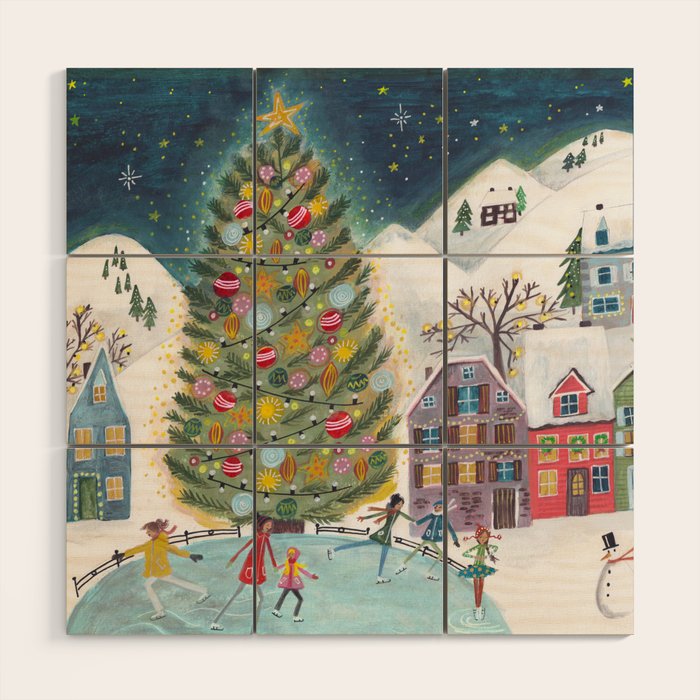 Skating retro winter snow landscape Wood Wall Art Gallery Image 1