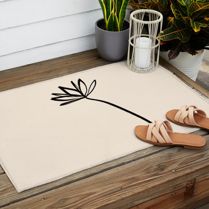 Minimalist Flower Black and Almond Cream Outdoor Rug Gallery Image 2