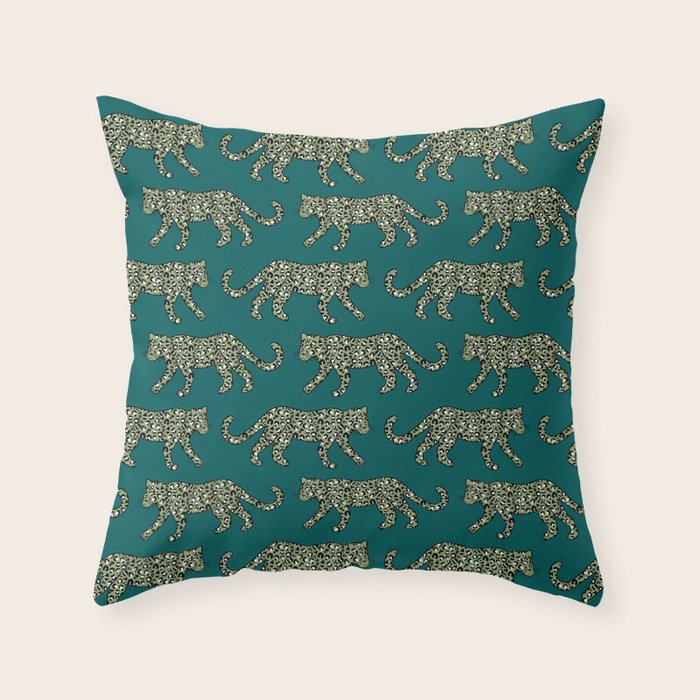 Kitty Parade - Olive on Dark Teal Throw Pillow Gallery Image 1