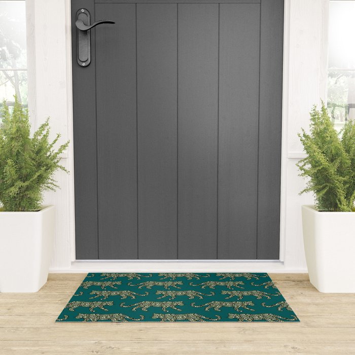 Kitty Parade - Olive on Dark Teal Welcome Mat Gallery Image 3