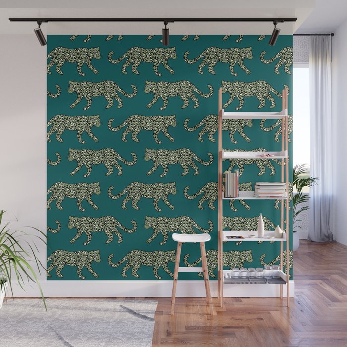 Kitty Parade - Olive on Dark Teal Wall Mural Gallery Image 1
