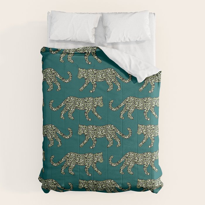 Kitty Parade - Olive on Dark Teal Comforter Gallery Image 1