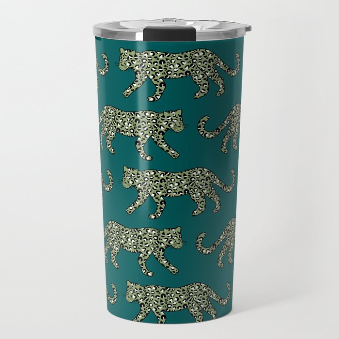 Kitty Parade - Olive on Dark Teal Travel Mug Gallery Image 1