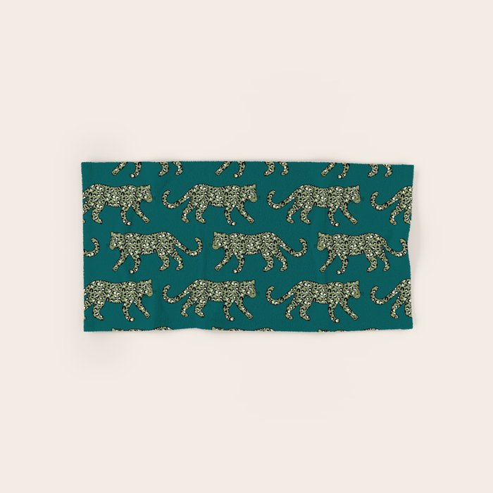 Kitty Parade - Olive on Dark Teal Bath Towel Gallery Image 1