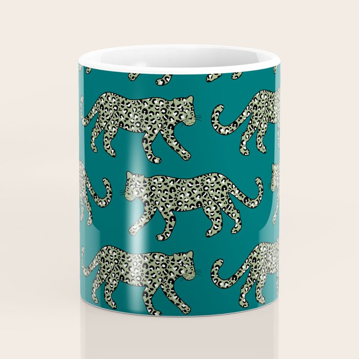 Kitty Parade - Olive on Dark Teal Coffee Mug Gallery Image 4