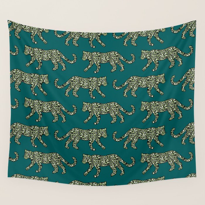 Kitty Parade - Olive on Dark Teal Wall Tapestry Gallery Image 1