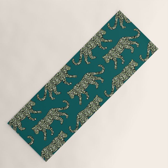 Kitty Parade - Olive on Dark Teal Yoga Mat Gallery Image 1