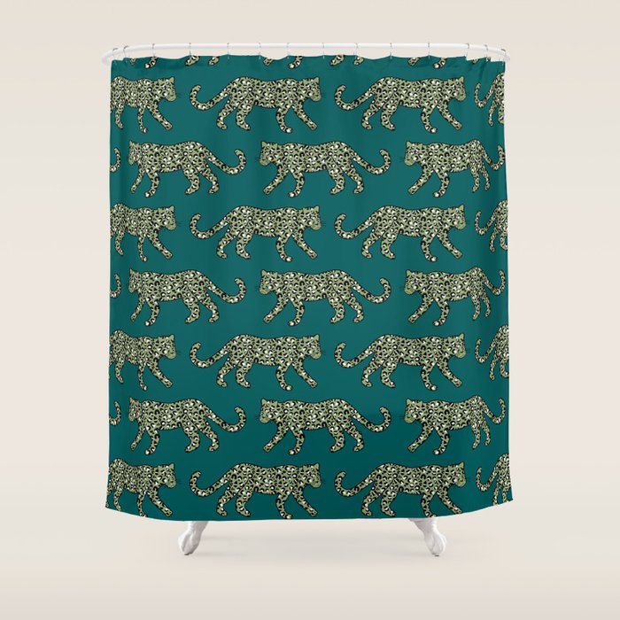 Kitty Parade - Olive on Dark Teal Shower Curtain Gallery Image 1