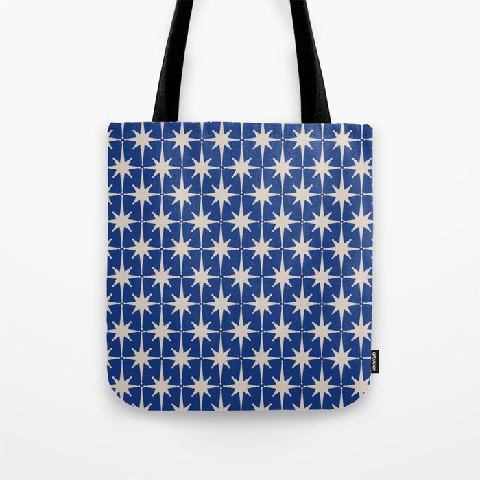 Mid-Century Modern Starburst Pattern in Stone and Blue Tote Bag Gallery Image 1