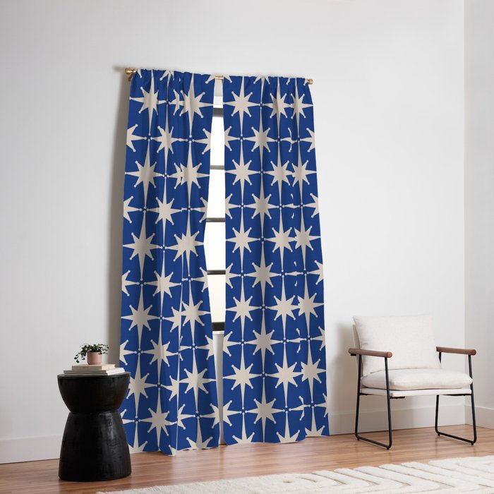 Mid-Century Modern Starburst Pattern in Stone and Blue Window Curtain Gallery Image 2