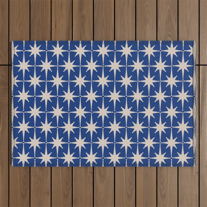 Mid-Century Modern Starburst Pattern in Stone and Blue Outdoor Rug Gallery Image 1
