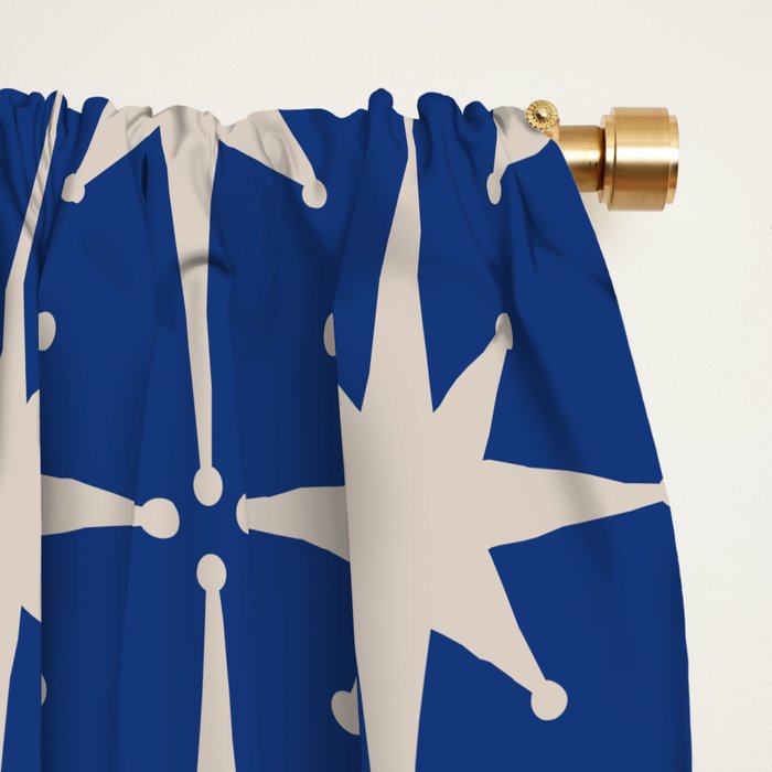 Mid-Century Modern Starburst Pattern in Stone and Blue Window Curtain Gallery Image 2