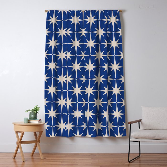 Mid-Century Modern Starburst Pattern in Stone and Blue Window Curtain Gallery Image 5
