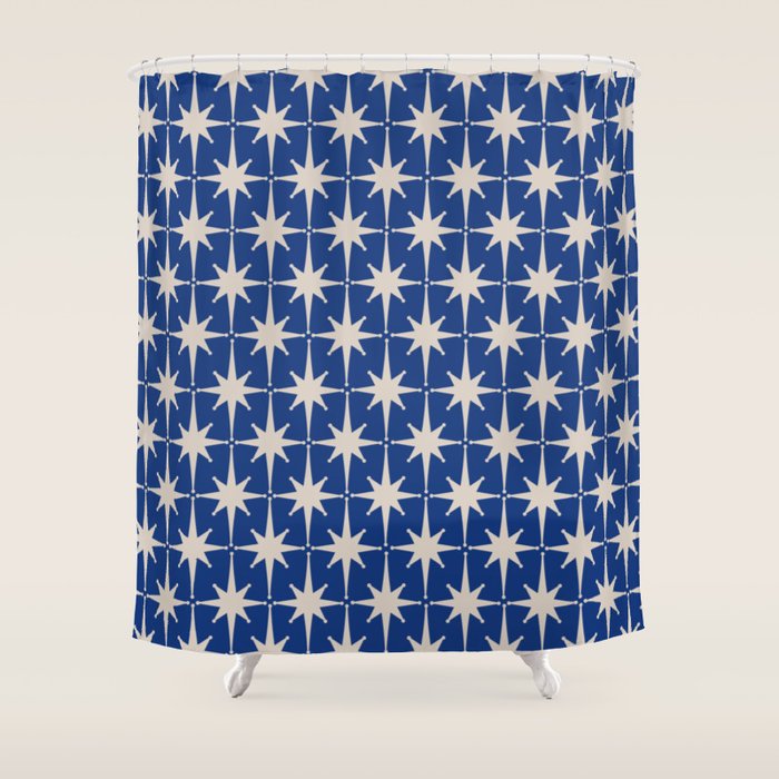 Mid-Century Modern Starburst Pattern in Stone and Blue Shower Curtain Gallery Image 1