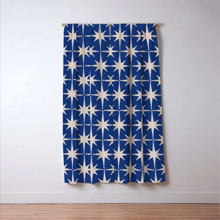 Mid-Century Modern Starburst Pattern in Stone and Blue Window Curtain Gallery Image 3