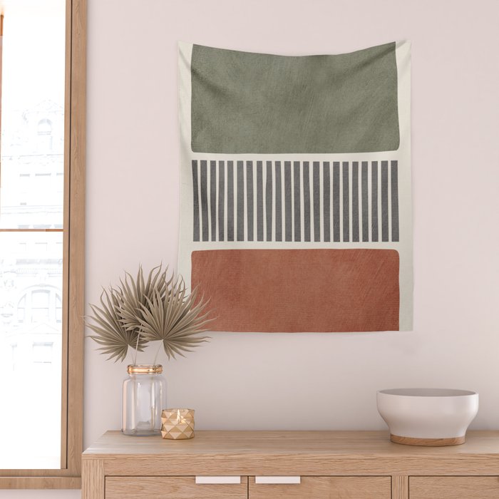 Terra Green Gray Lines Bold Minimalist Design Artwork Wall Tapestry Gallery Image 2